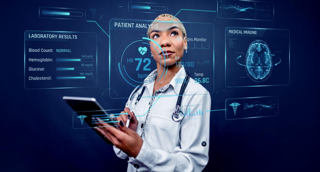 Image of a female doctor in front of digital files